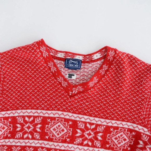 Vintage 90's Cherokee Red  & Cream Snowflake 30% Wool Knit V-Neck Sweater L - Picture 11 of 12